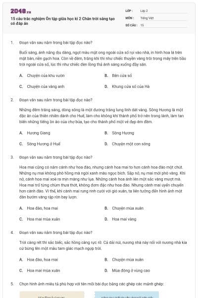 15 câu trắc nghiệm Ôn tập giữa học kì 2 Chân trời sáng tạo có đáp án