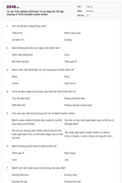 12 câu Trắc nghiệm Sinh Học 10 (có đáp án): Ôn tập chường 3: Virut và bệnh truyền nhiễm