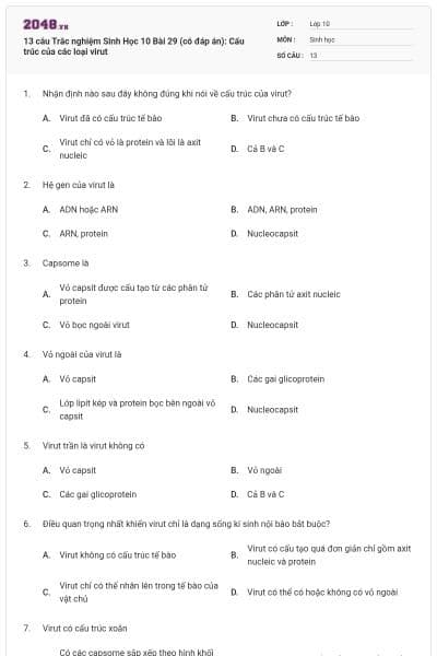 13 câu Trắc nghiệm Sinh Học 10 Bài 29 (có đáp án): Cấu trúc của các loại virut