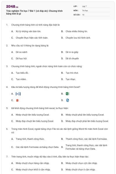 Trắc nghiệm Tin học 7 Bài 1 (có đáp án): Chương trình bảng tính là gì