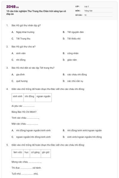 10 câu trắc nghiệm Thư Trung thu Chân trời sáng tạo có đáp án