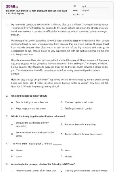 Đề chính thức thi vào 10 môn Tiếng Anh tỉnh Cần Thơ 2024 - 2025 có đáp án