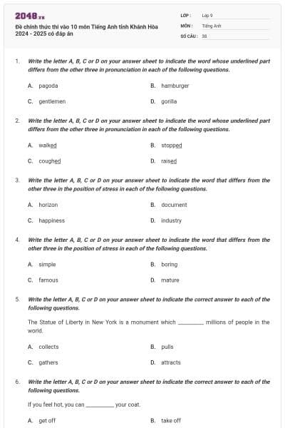 Đề chính thức thi vào 10 môn Tiếng Anh tỉnh Khánh Hòa 2024 - 2025 có đáp án