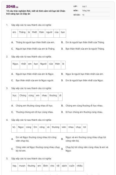 10 câu trắc nghiệm Nói, viết về tình cảm với bạn bè Chân trời sáng tạo có đáp án