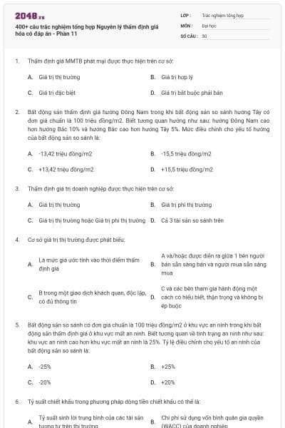 400+ câu trắc nghiệm tổng hợp Nguyên lý thẩm định giá hóa có đáp án - Phần 11