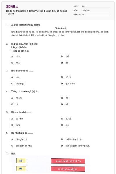 Bộ 30 đề thi cuối kì 1 Tiếng Việt lớp 1 Cánh diều có đáp án - Đề 10