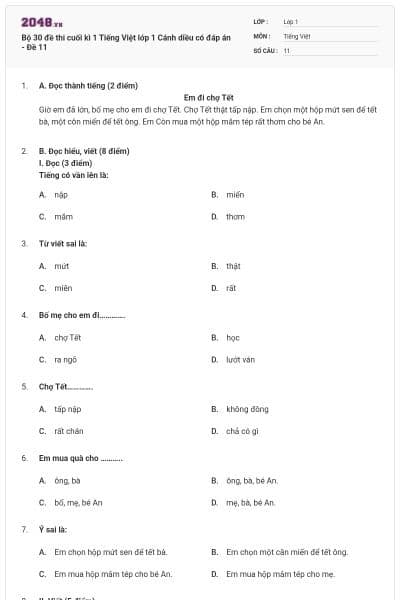 Bộ 30 đề thi cuối kì 1 Tiếng Việt lớp 1 Cánh diều có đáp án - Đề 11