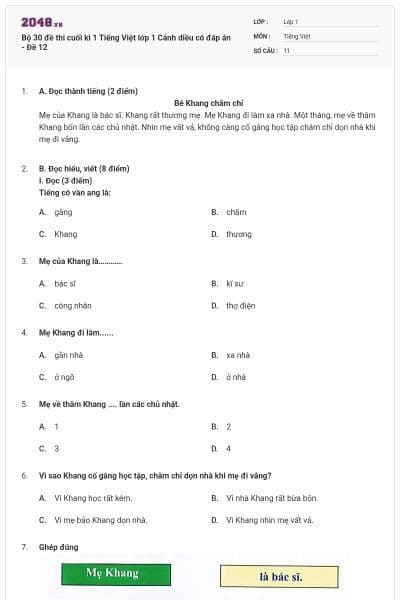 Bộ 30 đề thi cuối kì 1 Tiếng Việt lớp 1 Cánh diều có đáp án - Đề 12