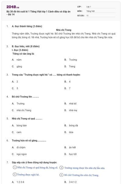 Bộ 30 đề thi cuối kì 1 Tiếng Việt lớp 1 Cánh diều có đáp án - Đề 14