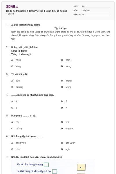 Bộ 30 đề thi cuối kì 1 Tiếng Việt lớp 1 Cánh diều có đáp án - Đề 15