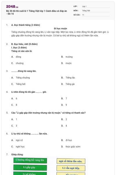 Bộ 30 đề thi cuối kì 1 Tiếng Việt lớp 1 Cánh diều có đáp án - Đề 16