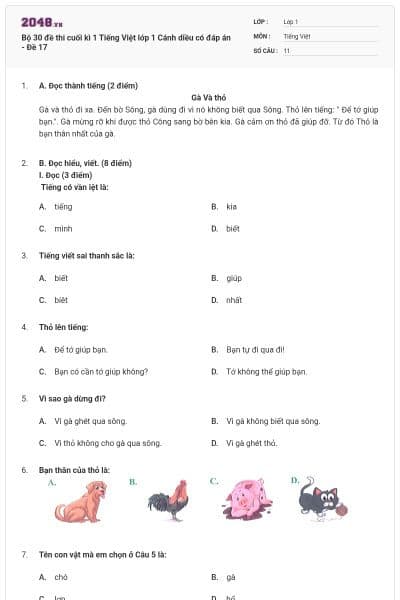 Bộ 30 đề thi cuối kì 1 Tiếng Việt lớp 1 Cánh diều có đáp án - Đề 17
