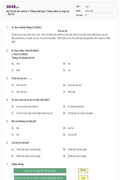 Bộ 30 đề thi cuối kì 1 Tiếng Việt lớp 1 Cánh diều có đáp án - Đề 18