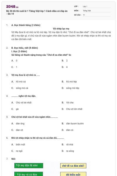Bộ 30 đề thi cuối kì 1 Tiếng Việt lớp 1 Cánh diều có đáp án - Đề 19