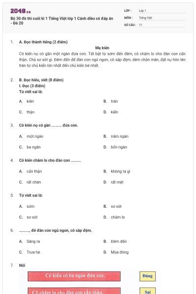Bộ 30 đề thi cuối kì 1 Tiếng Việt lớp 1 Cánh diều có đáp án - Đề 20