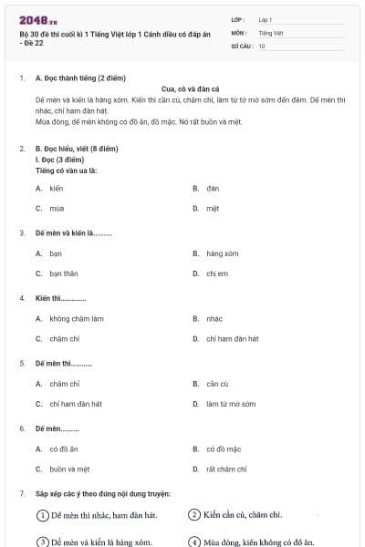 Bộ 30 đề thi cuối kì 1 Tiếng Việt lớp 1 Cánh diều có đáp án - Đề 22