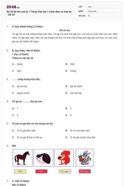 Bộ 30 đề thi cuối kì 1 Tiếng Việt lớp 1 Cánh diều có đáp án - Đề 24