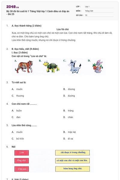 Bộ 30 đề thi cuối kì 1 Tiếng Việt lớp 1 Cánh diều có đáp án - Đề 25