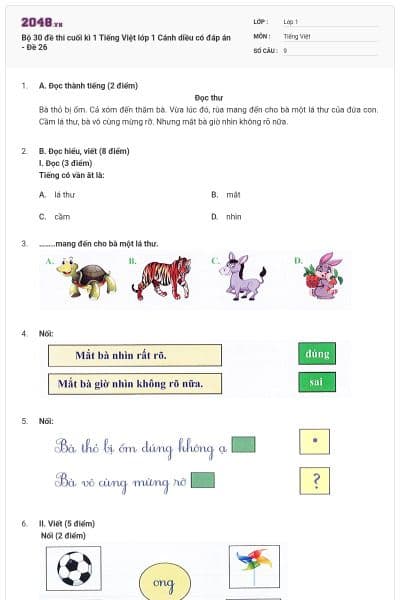 Bộ 30 đề thi cuối kì 1 Tiếng Việt lớp 1 Cánh diều có đáp án - Đề 26