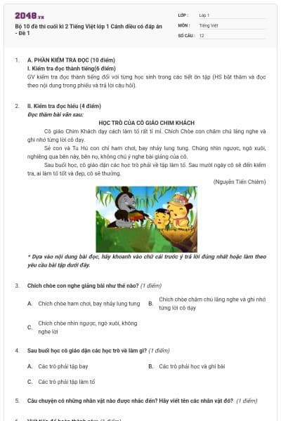 Bộ 10 đề thi cuối kì 2 Tiếng Việt lớp 1 Cánh diều có đáp án - Đề 1
