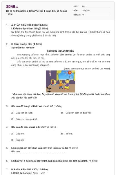 Bộ 10 đề thi cuối kì 2 Tiếng Việt lớp 1 Cánh diều có đáp án - Đề 2