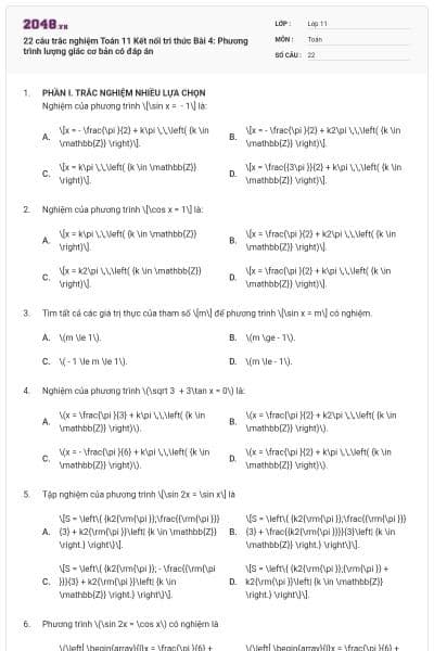 22 câu trắc nghiệm Toán 11 Kết nối tri thức Bài 4: Phương trình lượng giác cơ bản có đáp án