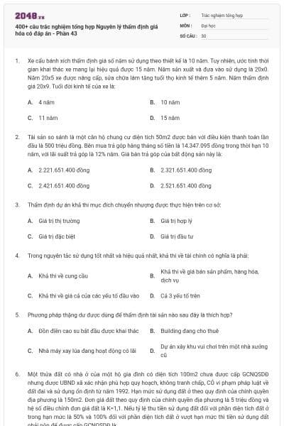 400+ câu trắc nghiệm tổng hợp Nguyên lý thẩm định giá hóa có đáp án - Phần 43