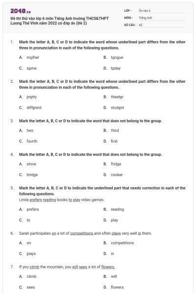 Đề thi thử vào lớp 6 môn Tiếng Anh trường THCS&THPT Lương Thế Vinh năm 2022 có đáp án (Đề 2)