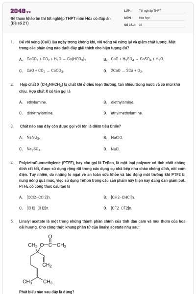 Đề tham khảo ôn thi tốt nghiệp THPT môn Hóa có đáp án (Đề số 21)