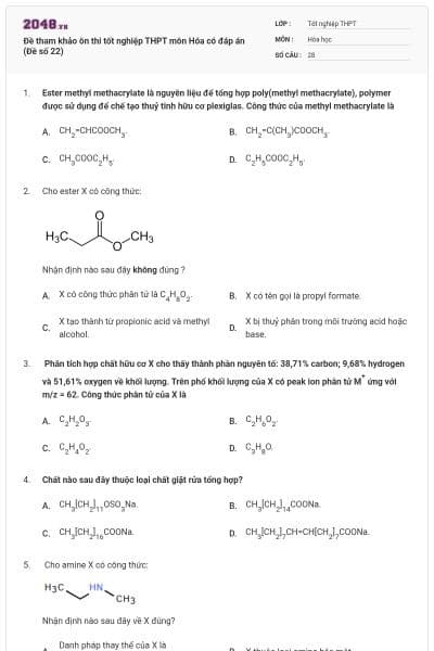 Đề tham khảo ôn thi tốt nghiệp THPT môn Hóa có đáp án (Đề số 22)