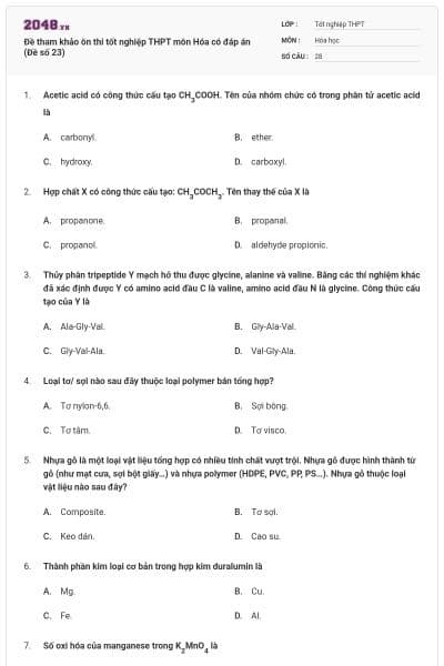 Đề tham khảo ôn thi tốt nghiệp THPT môn Hóa có đáp án (Đề số 23)