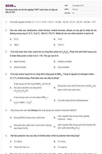Đề tham khảo ôn thi tốt nghiệp THPT môn Hóa có đáp án (Đề số 24)