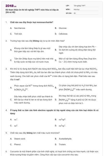 Đề tham khảo ôn thi tốt nghiệp THPT môn Hóa có đáp án (Đề số 48)