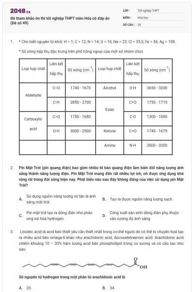 Đề tham khảo ôn thi tốt nghiệp THPT môn Hóa có đáp án (Đề số 49)