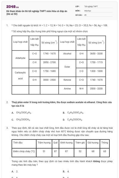 Đề tham khảo ôn thi tốt nghiệp THPT môn Hóa có đáp án (Đề số 50)