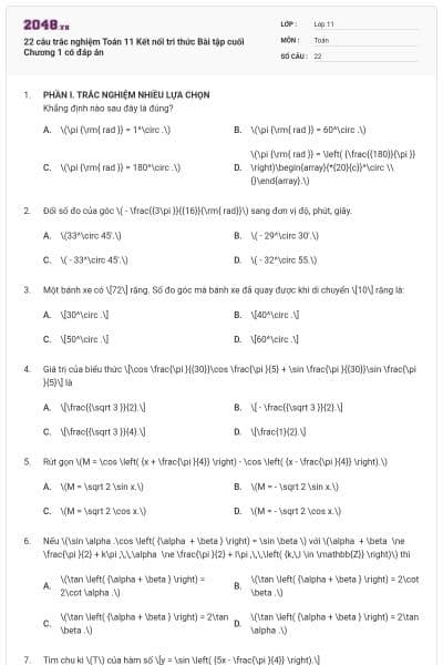 22 câu trắc nghiệm Toán 11 Kết nối tri thức Bài tập cuối Chương 1 có đáp án