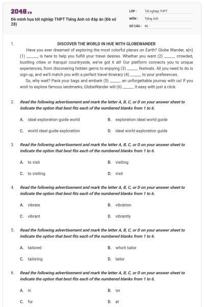 Đề minh họa tốt nghiệp THPT Tiếng Anh có đáp án (Đề số 28)