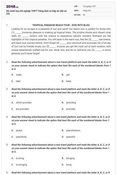 Đề minh họa tốt nghiệp THPT Tiếng Anh có đáp án (Đề số 29)