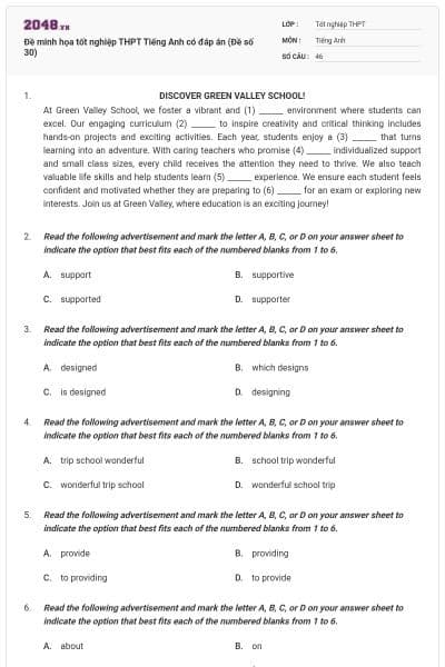 Đề minh họa tốt nghiệp THPT Tiếng Anh có đáp án (Đề số 30)