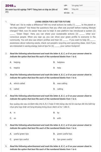 Đề minh họa tốt nghiệp THPT Tiếng Anh có đáp án (Đề số 31)