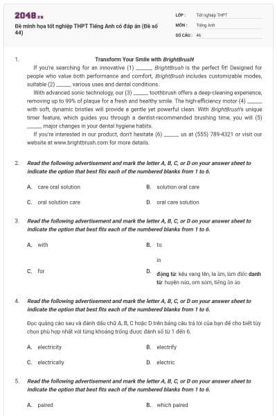 Đề minh họa tốt nghiệp THPT Tiếng Anh có đáp án (Đề số 44)