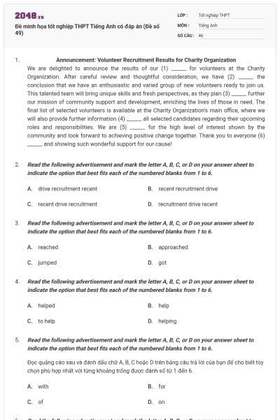 Đề minh họa tốt nghiệp THPT Tiếng Anh có đáp án (Đề số 49)
