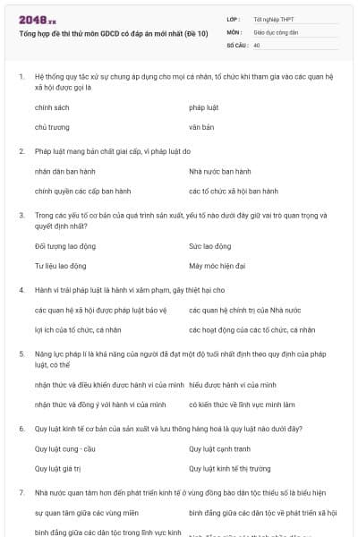 Tổng hợp đề thi thử môn GDCD có đáp án mới nhất (Đề 10)