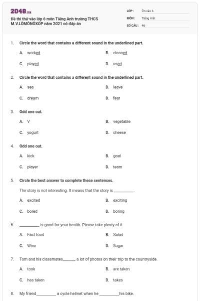 Đề thi thử vào lớp 6 môn Tiếng Anh trường THCS M.V.LÔMÔNÔXỐP năm 2021 có đáp án
