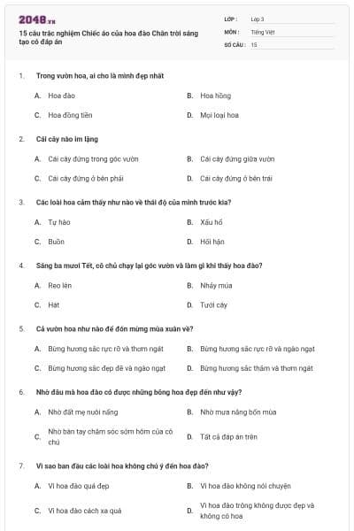 15 câu trắc nghiệm Chiếc áo của hoa đào Chân trời sáng tạo có đáp án