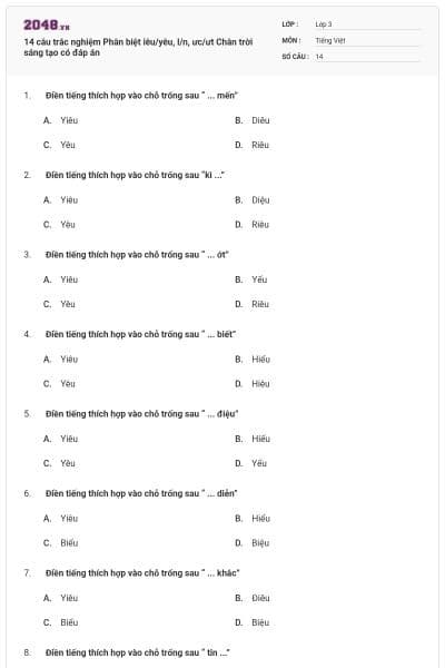 14 câu trắc nghiệm Phân biệt iêu/yêu, l/n, ưc/ưt Chân trời sáng tạo có đáp án