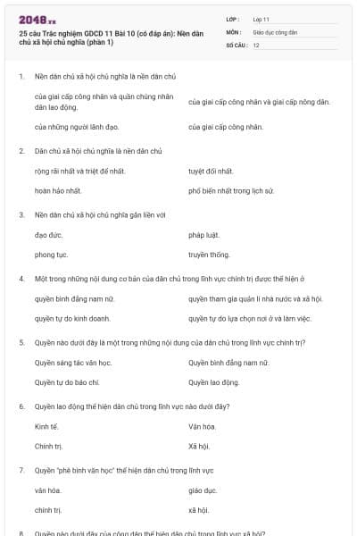 25 câu Trắc nghiệm GDCD 11 Bài 10 (có đáp án): Nền dân chủ xã hội chủ nghĩa (phần 1)