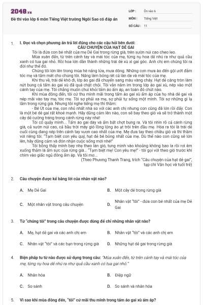Đề thi vào lớp 6 môn Tiếng Việt trường Ngôi Sao có đáp án