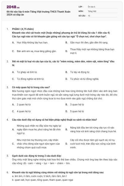 Đề thi vào lớp 6 môn Tiếng Việt trường THCS Thanh Xuân 2024 có đáp án