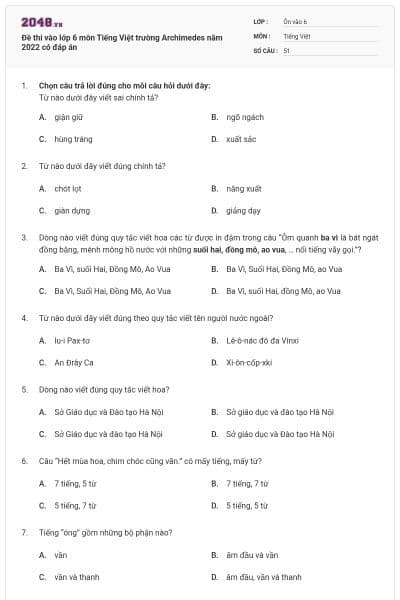 Đề thi vào lớp 6 môn Tiếng Việt trường Archimedes năm 2022 có đáp án